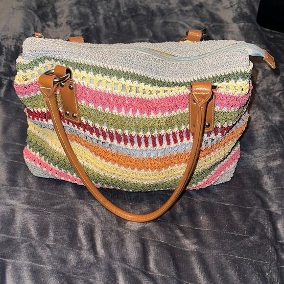 Unique Multicolor Straw Striped Rainbow Crochet Tote Bag - Picture 5 of 6